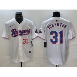 Men Texas Rangers 31 Max Scherzer White Gold Cool Base Stitched Baseball Jersey 6