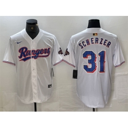 Men Texas Rangers 31 Max Scherzer White Gold Cool Base Stitched Baseball Jersey
