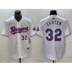 Men Texas Rangers 32 Evan Carter White Gold Cool Base Stitched Baseball Jersey 4