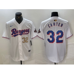 Men Texas Rangers 32 Evan Carter White Gold Cool Base Stitched Baseball Jersey