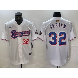 Men Texas Rangers 32 Evan Carter White Gold Cool Base Stitched Baseball Jersey III