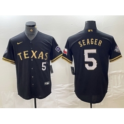 Men Texas Rangers 5 Corey Seager Number Black Gold Cool Base jerseys