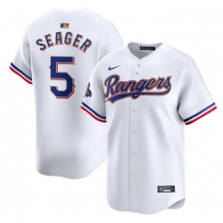 Men Texas Rangers 5 Corey Seager White 2024 Gold Collection Cool Base Stitched Baseball Jersey