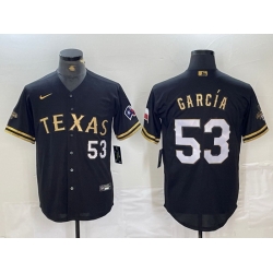 Men Texas Rangers 53 Adolis Garcia Black Gold Cool Base Stitched Baseball Jersey