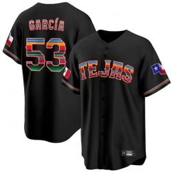 Men Texas Rangers 53 Adolis Garcia Mexico Black Cool Base Stitched Baseball Jersey