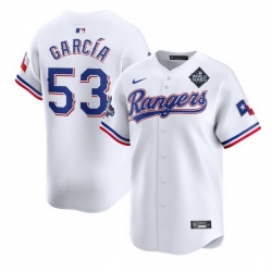Men Texas Rangers 53 Adolis Garcia White 2023 World Series Patch And Champions Patch Stitched Baseball Jersey