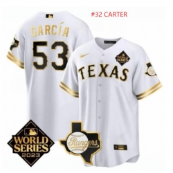 Men Texas Rangers Evan Carter #32 White 2023 World Series Splite Stitched Baseball Jersey