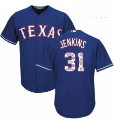 Mens Majestic Texas Rangers 31 Ferguson Jenkins Authentic Royal Blue Team Logo Fashion Cool Base MLB Jersey