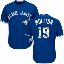 Mens Majestic Toronto Blue Jays 19 Paul Molitor Authentic Blue Team Logo Fashion MLB Jersey