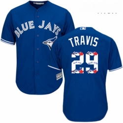 Mens Majestic Toronto Blue Jays 29 Devon Travis Authentic Blue Team Logo Fashion MLB Jersey