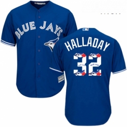 Mens Majestic Toronto Blue Jays 32 Roy Halladay Authentic Blue Team Logo Fashion MLB Jersey