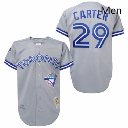 Mens Mitchell and Ness Toronto Blue Jays 29 Joe Carter Authentic Grey Throwback MLB Jersey