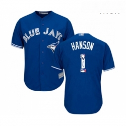 Mens Toronto Blue Jays 1 Alen Hanson Authentic Blue Team Logo Fashion Baseball Jersey 