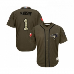 Mens Toronto Blue Jays 1 Alen Hanson Authentic Green Salute to Service Baseball Jersey 