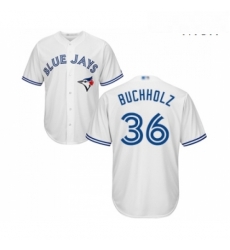 Mens Toronto Blue Jays 36 Clay Buchholz Replica White Home Baseball Jersey 