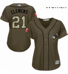 Womens Majestic Toronto Blue Jays 21 Roger Clemens Replica Green Salute to Service MLB Jersey