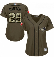Womens Majestic Toronto Blue Jays 29 Joe Carter Replica Green Salute to Service MLB Jersey