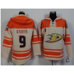Anaheim Ducks #9 Paul Kariya Cream Orange Sawyer Hooded Sweatshirt Stitched NHL Jersey