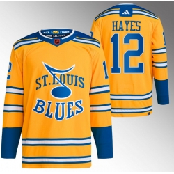 Men St  Louis Blues 12 Kevin Hayes Yellow 2022 23 Reverse Retro Stitched Jersey