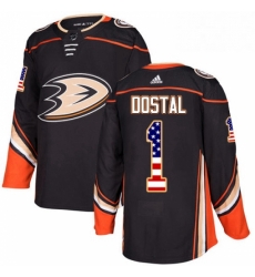 Mens Adidas Anaheim Ducks 1 Lukas Dostal Authentic Black USA Flag Fashion NHL Jersey 