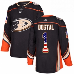 Mens Adidas Anaheim Ducks 1 Lukas Dostal Authentic Black USA Flag Fashion NHL Jersey 