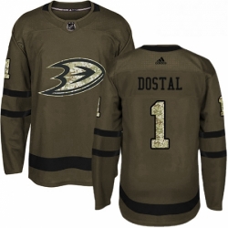 Mens Adidas Anaheim Ducks 1 Lukas Dostal Authentic Green Salute to Service NHL Jersey 