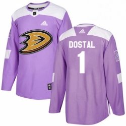 Mens Adidas Anaheim Ducks 1 Lukas Dostal Authentic Purple Fights Cancer Practice NHL Jersey 