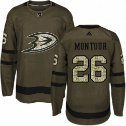 Mens Adidas Anaheim Ducks 26 Brandon Montour Authentic Green Salute to Service NHL Jersey 