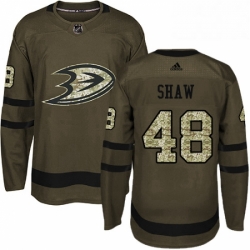Mens Adidas Anaheim Ducks 48 Logan Shaw Premier Green Salute to Service NHL Jersey 