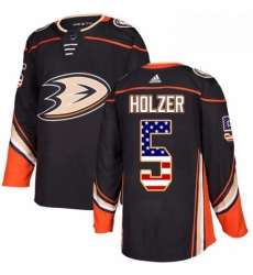 Mens Adidas Anaheim Ducks 5 Korbinian Holzer Authentic Black USA Flag Fashion NHL Jersey 