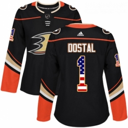 Womens Adidas Anaheim Ducks 1 Lukas Dostal Authentic Black USA Flag Fashion NHL Jersey 