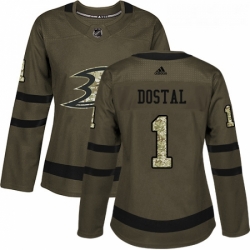 Womens Adidas Anaheim Ducks 1 Lukas Dostal Authentic Green Salute to Service NHL Jersey 
