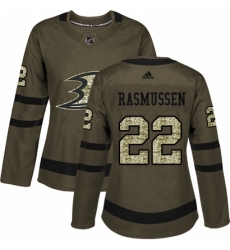 Womens Adidas Anaheim Ducks 22 Dennis Rasmussen Authentic Green Salute to Service NHL Jersey 