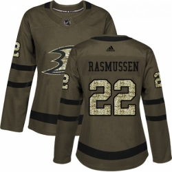 Womens Adidas Anaheim Ducks 22 Dennis Rasmussen Authentic Green Salute to Service NHL Jersey 