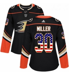 Womens Adidas Anaheim Ducks 30 Ryan Miller Authentic Black USA Flag Fashion NHL Jersey 