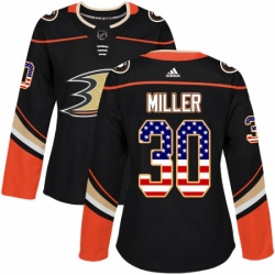 Womens Adidas Anaheim Ducks 30 Ryan Miller Authentic Black USA Flag Fashion NHL Jersey 