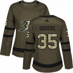 Womens Adidas Anaheim Ducks 35 Jean Sebastien Giguere Authentic Green Salute to Service NHL Jersey 