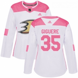 Womens Adidas Anaheim Ducks 35 Jean Sebastien Giguere Authentic WhitePink Fashion NHL Jersey 