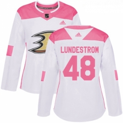 Womens Adidas Anaheim Ducks 48 Isac Lundestrom Authentic White Pink Fashion NHL Jersey 