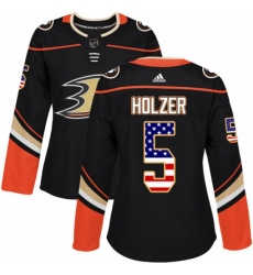 Womens Adidas Anaheim Ducks 5 Korbinian Holzer Authentic Black USA Flag Fashion NHL Jersey 