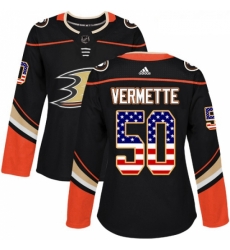 Womens Adidas Anaheim Ducks 50 Antoine Vermette Authentic Black USA Flag Fashion NHL Jersey 