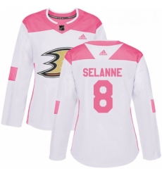 Womens Adidas Anaheim Ducks 8 Teemu Selanne Authentic WhitePink Fashion NHL Jersey 