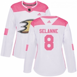 Womens Adidas Anaheim Ducks 8 Teemu Selanne Authentic WhitePink Fashion NHL Jersey 