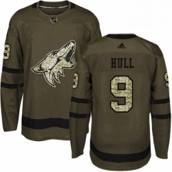 Mens Adidas Arizona Coyotes 9 Bobby Hull Authentic Green Salute to Service NHL Jersey 