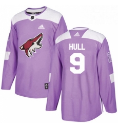 Mens Adidas Arizona Coyotes 9 Bobby Hull Authentic Purple Fights Cancer Practice NHL Jersey 