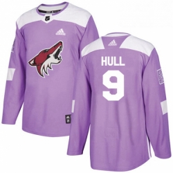 Mens Adidas Arizona Coyotes 9 Bobby Hull Authentic Purple Fights Cancer Practice NHL Jersey 