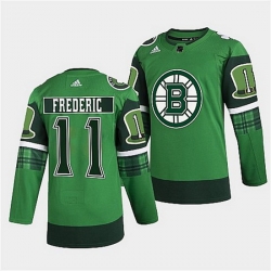 Men Boston Bruins 11 Trent Frederic 2022 Green St Patricks Day Warm Up Stitched jersey