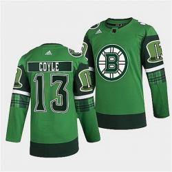 Men Boston Bruins 13 Charlie Coyle 2022 Green St Patricks Day Warm Up Stitched jersey