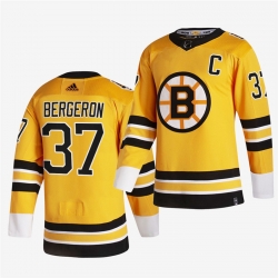 Men Boston Bruins 37 Patrice Bergeron 2020 21 Yellow Reverse Retro Stitched Jersey