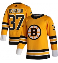 Men Boston Bruins 37 Patrice Bergeron Yellow 2020 21 Reverse Retro Adidas Jersey